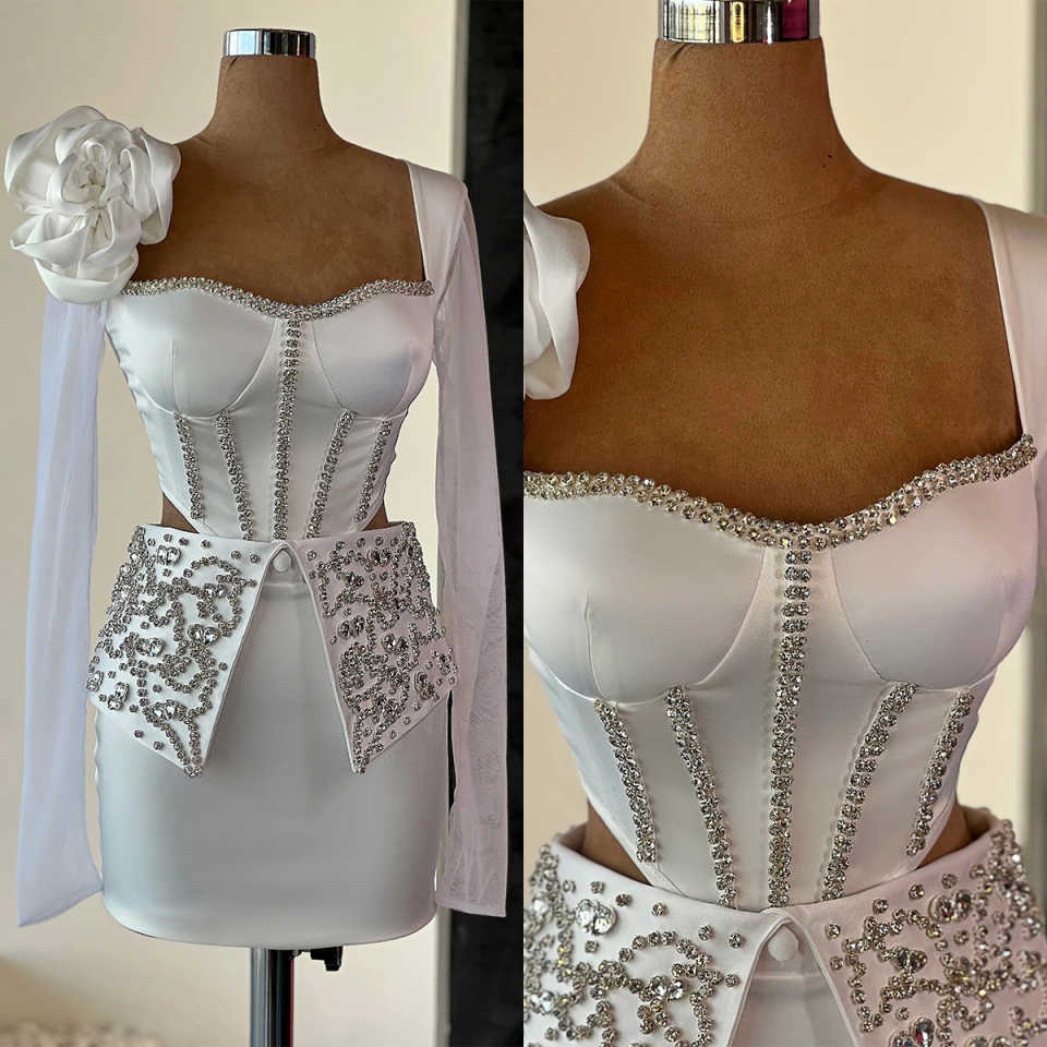 Fashion Mini Evening Dresses Sheer Neck Long Sleeves Gown Crystal Handmade wer Short Prom Party Dress Custom Made