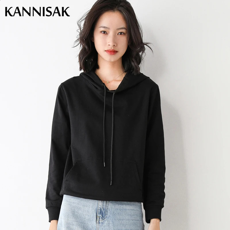 Women Hoodies 100% Cotton Spring Autumn Loose Long Sleeve Pullovers Solid Casual Ladies Outerwear Hooded Hoodie Womens Clothing 250318