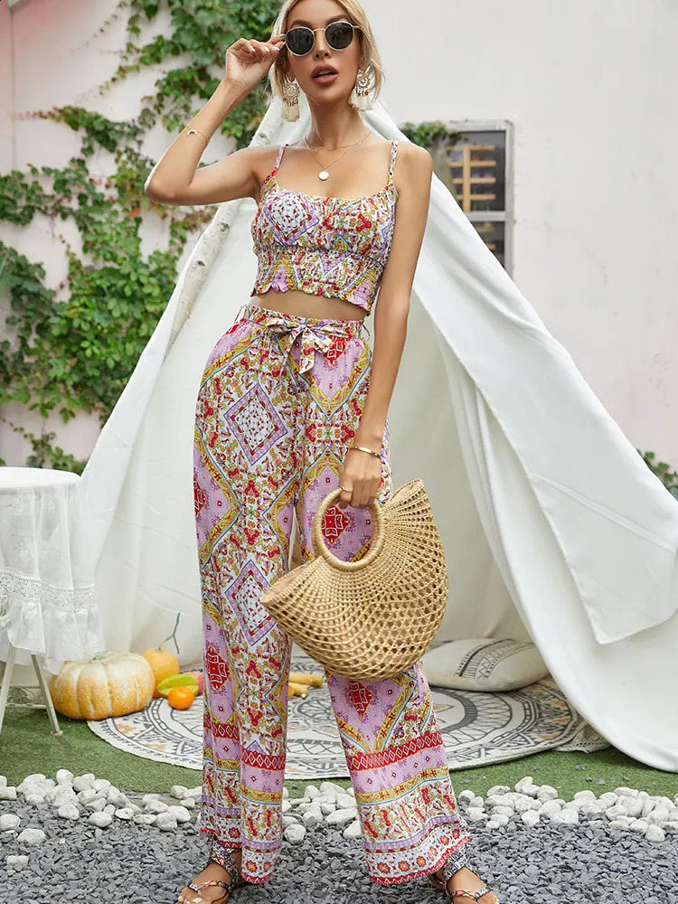 TRAFZA Summer Women Boho Two Piece Print Outfits Strap Sleeveless Tops High Waist Drawstring Trousers Holiday Beach Lady Sets 250319