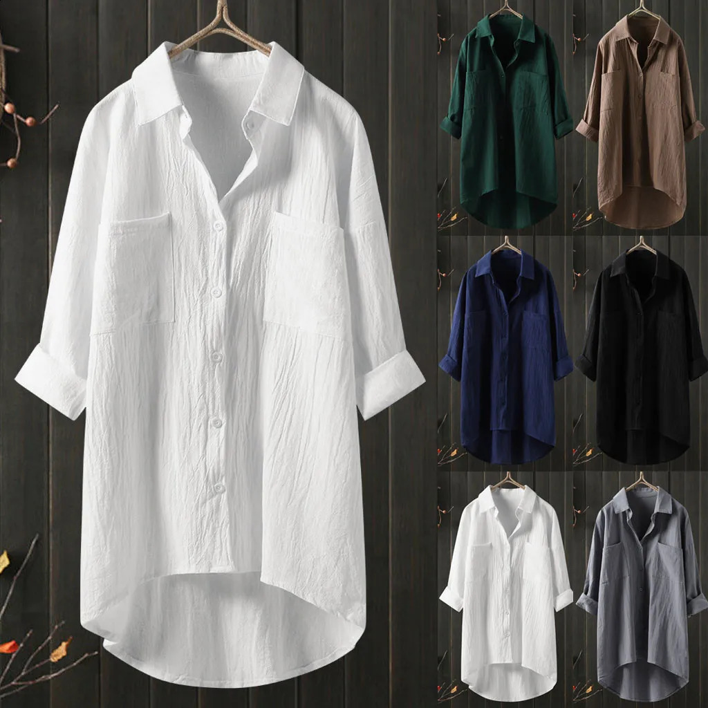 ultra-fine fashionable womens shirt womens top summer button up top casual cotton linen long sleeved white top 250318