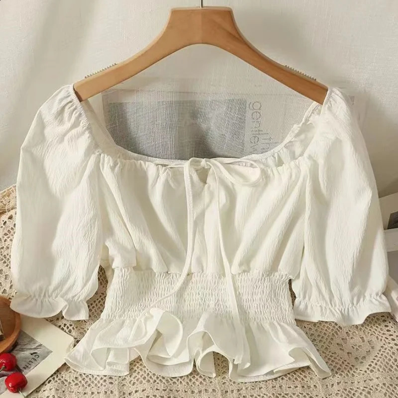 Womens French style shirt and ruffled single line collar short sleeved elastic waist for weight loss casual sweet elegant crop top 250319