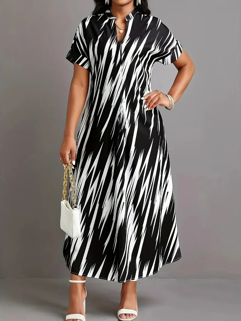 Plus Size 1XL5XL Womens Geometric Printed Knee Length Dress Split Short Sleeve Elegant Fashion Casual Long 250319