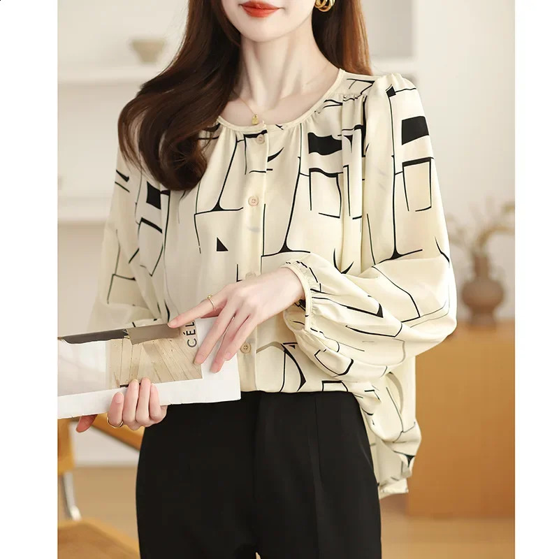 SpringSummer Loose Abdominal Cover Abstract Printed Batwing Sleeves Advanced Chiffon Shirt Womens Button Casual Top 250319