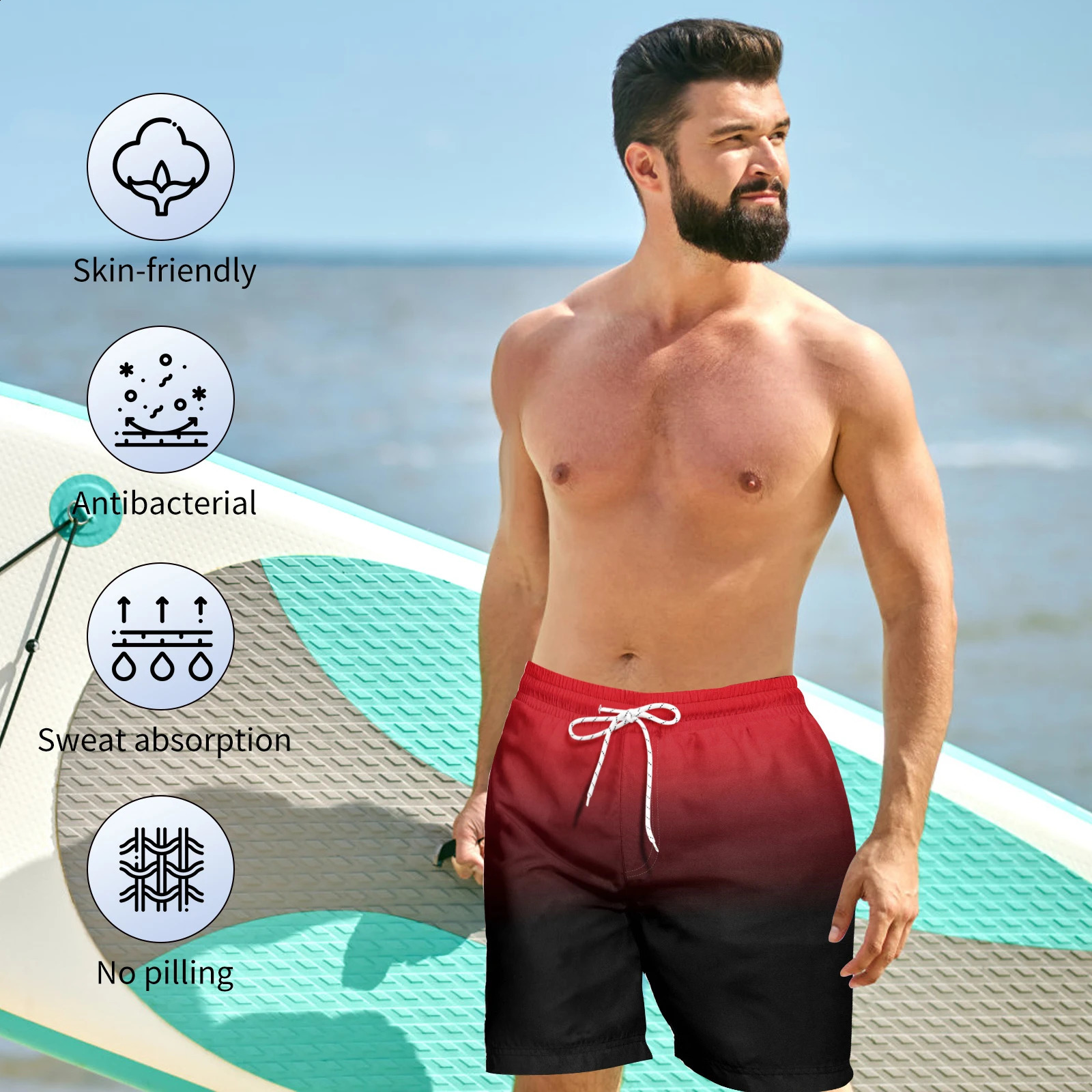 Clilsmap mens swim trunks quick drying board shorts with pockets red breathable suitable for Hawaiian beach swimsuit 250319