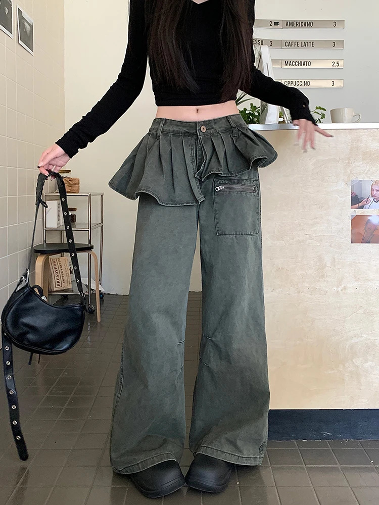 Korean retro high waisted pleated leather case wide leg Trouser Y2K womens bagged denim pants 250317