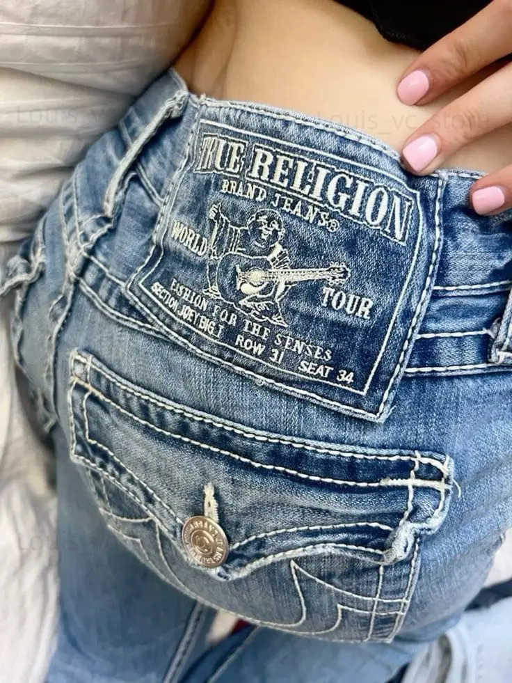 Women's Jeans American Retro Jeans Y2K Men Women Harajuku Hip Hop Gothic Retro Pocket Embroidered Blue Baggy Jeans Low Waist Wide Leg Trousers T250319