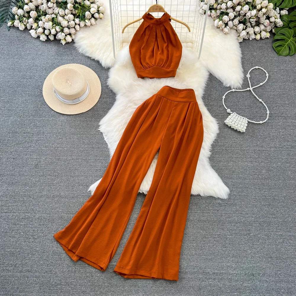 Green/Black/Red Summer Two Piece Set Women Sexy Strap Short Tops High Waist Wide Leg Pants Female Suit 250318