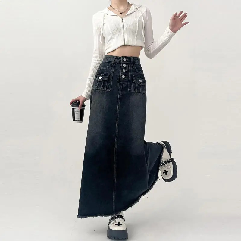 High-waisted Cargo Denim Skirt Womens Autumn Long A-line Mid-length Skirt Retro Raw Edge Y2k Female Clothing Korean Style 250319