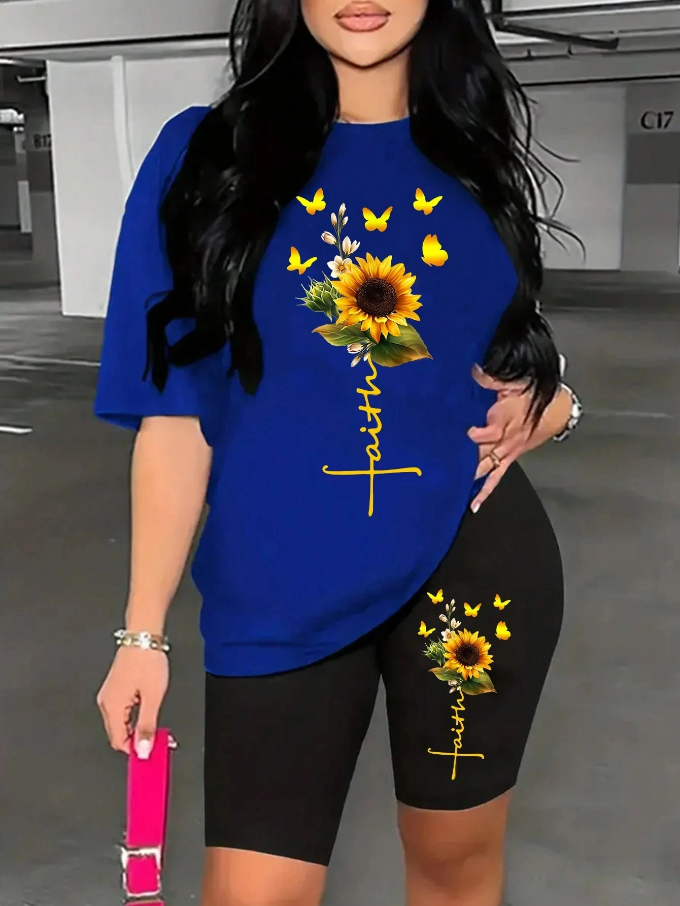 Sunflower Butterfly Beautiful Printing Women T Shirts Two Piece Set Fashion Short Sets Comfortable Breathable Shirt Shorts 250319