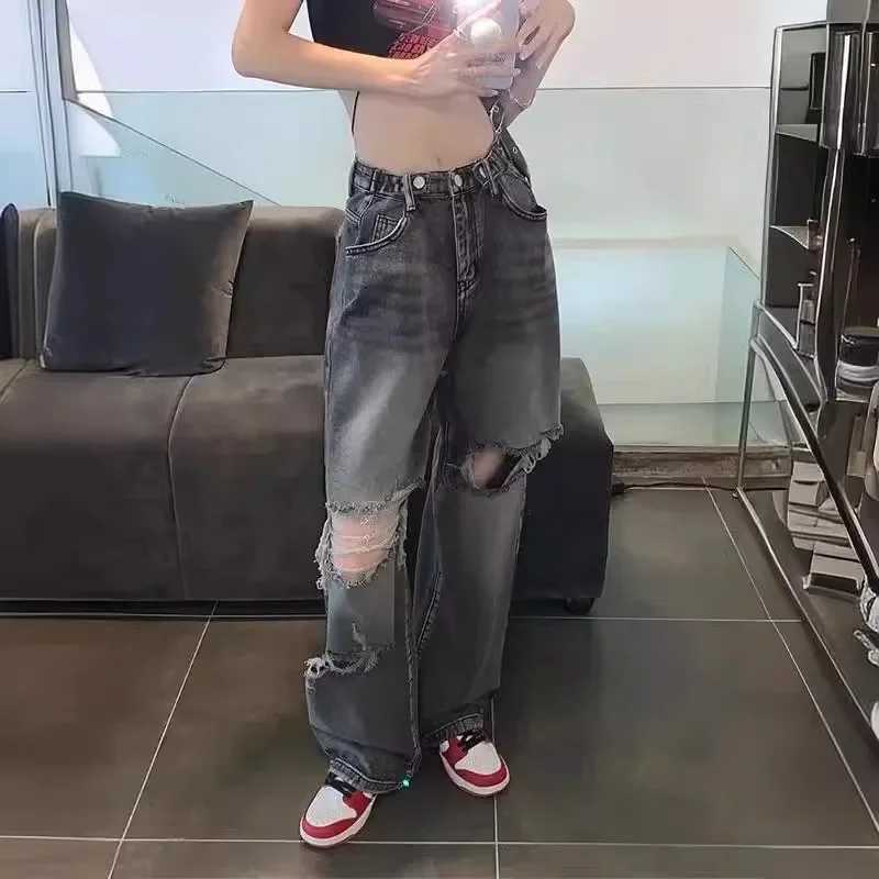 Retro American denim jeans womens ultra-thin high waist straight loose retro street fashion wide leg pantsT250319