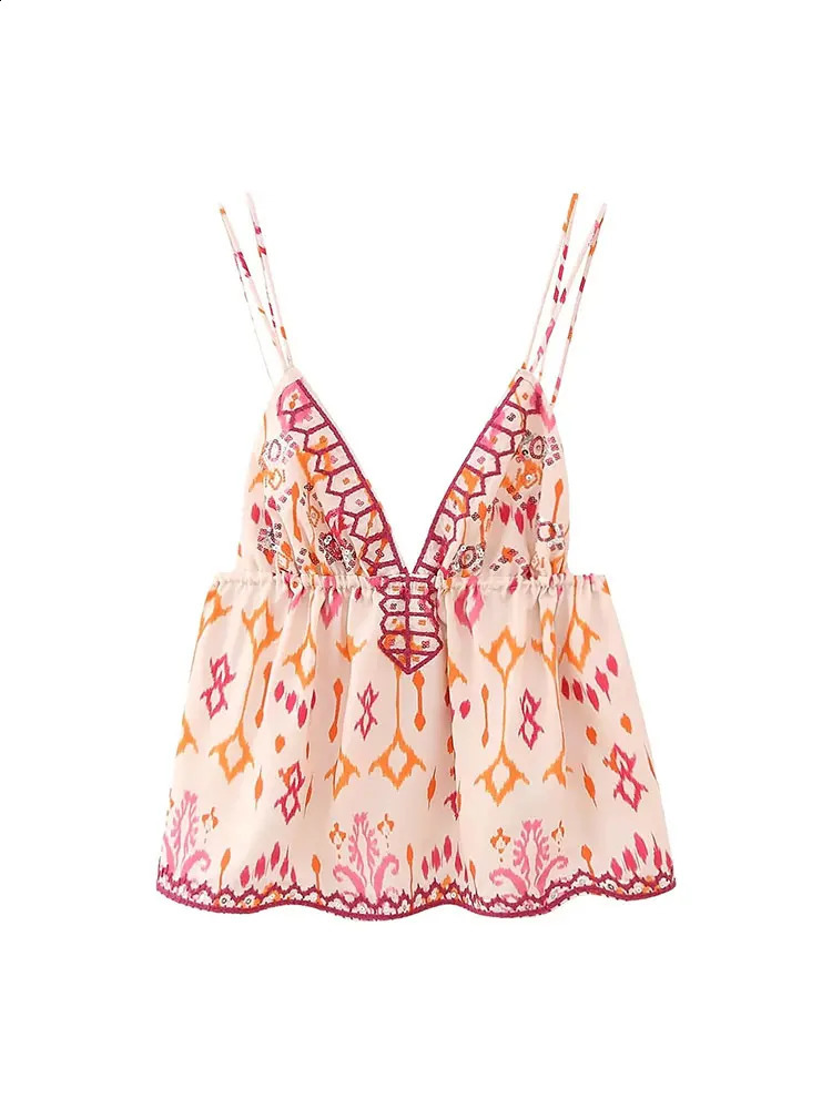 Autumn Printed Suspender Tank Tops for Women Casual Sleeveless VNeck Cropped Blouse Vacation Chic Ladies Streetwear 250319