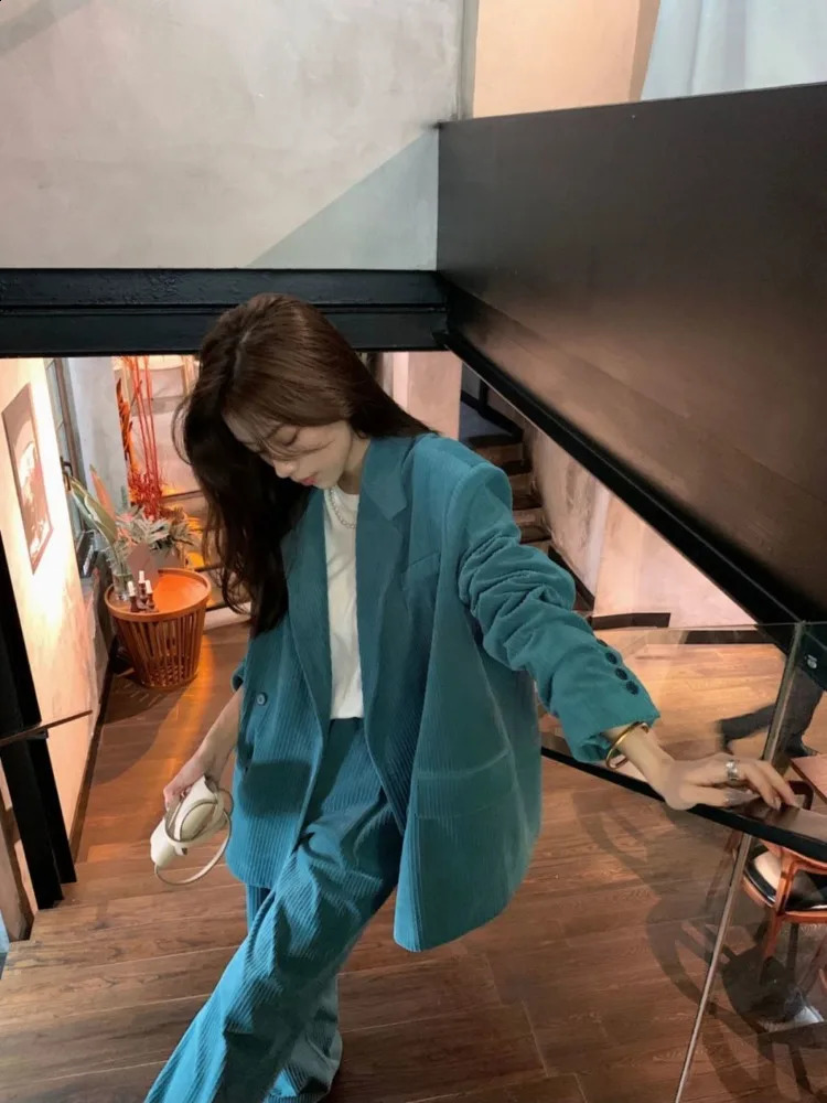 2024 Fashion England Style Blazer Set Women Corduroy Twopiece Suit Ladies Korean High Waist Wideleg Pants and Jacket 250319