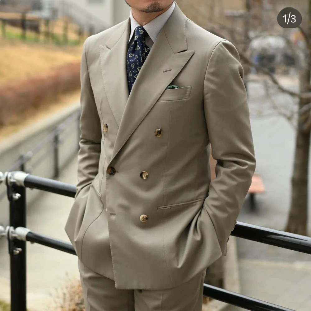 Khaki color set suitable for Mes formal business jacket wedding groom evening gown daily 2piece pants Terno Masculino 250311