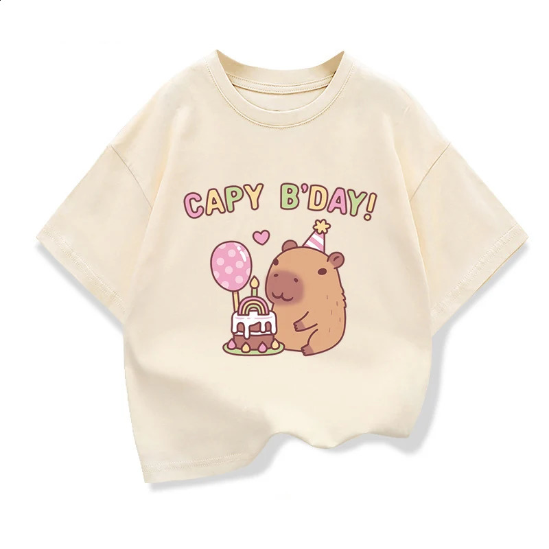 Kids Loose Clothes Short Sleeve T-shirt 2025 Boys Girls Cotton O-neck Tops Tee Summer Children Clothes Cute Capybara Printed 250319