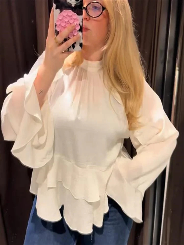 Casual Cascaded Ruffle Puff Sleeve Womens Loose Oneck White Top 2025 Spring Fashion Elegant Shirt 250319