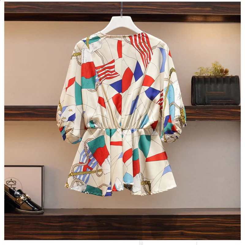 Womens 2025 Spring Pants Set Femel Two Piece Colorful Printed Vneck Bat Sleeve Top Elastic Waist Wide Leg 250319