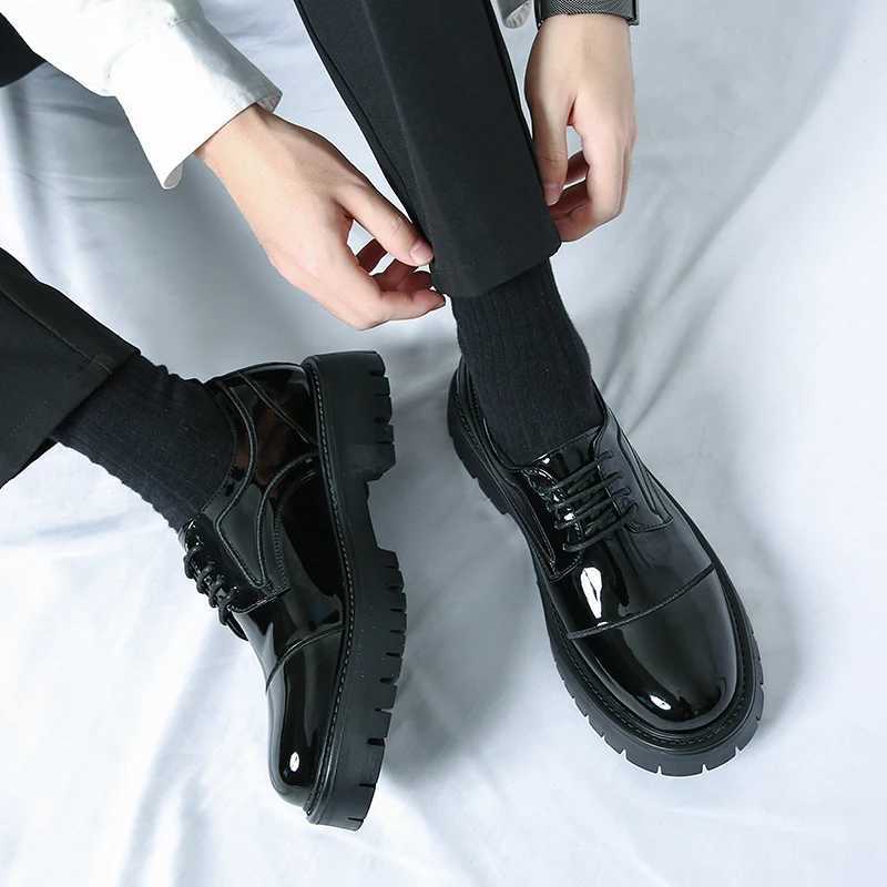 Mens black formal shoe tie shoelaces artificial patent thick soled leather business shoesXJ250319