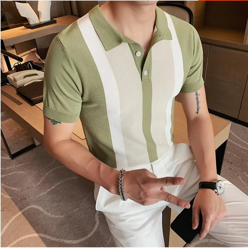 Contrast Knitted Striped Polo Shirt British Mens Fashion Short sleeved Polo Shirt Camisa Masculina Polo Playera Hombre S-3XL 250318