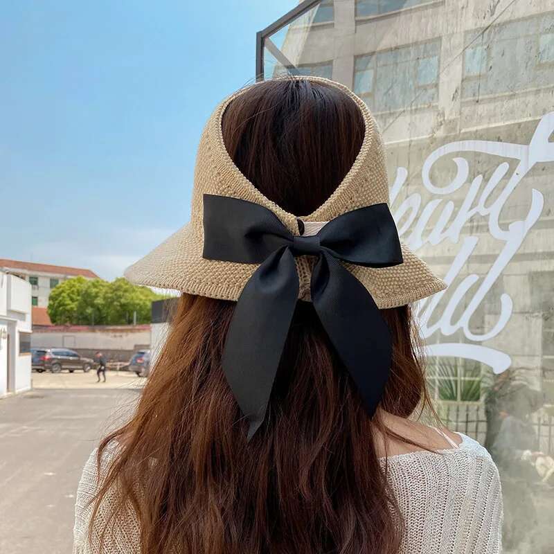 Summer Empty Top Ribbon Bowknot Straw Hats For Women Ppy Panama Sun Hat Travel Beach Female Foldable Sunscreen Cap
