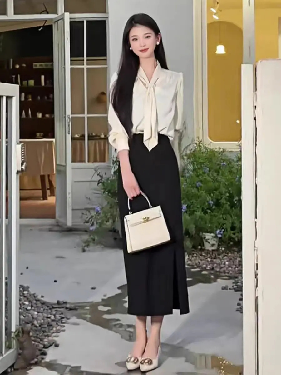 2025 Fashion Satin Shirt Womens Top Office Long Sleeve Elegant with Vneck Loose Clothing 250319