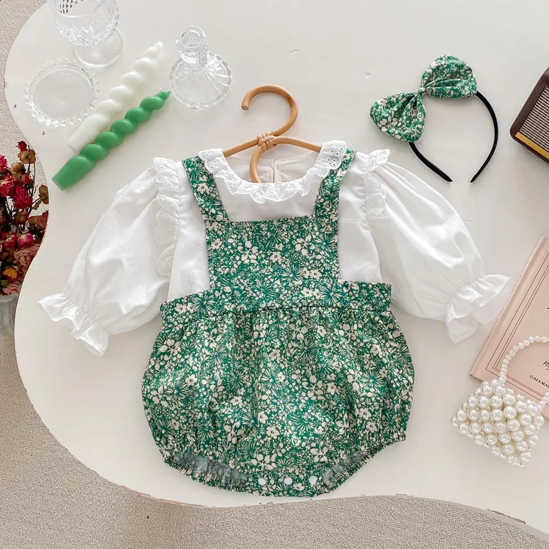 Autumn Baby Girl 2PCS Clothing Set Cotton Lace Collar Solid Shirt Green Leaf Printed jumpsuit Preschool 250319