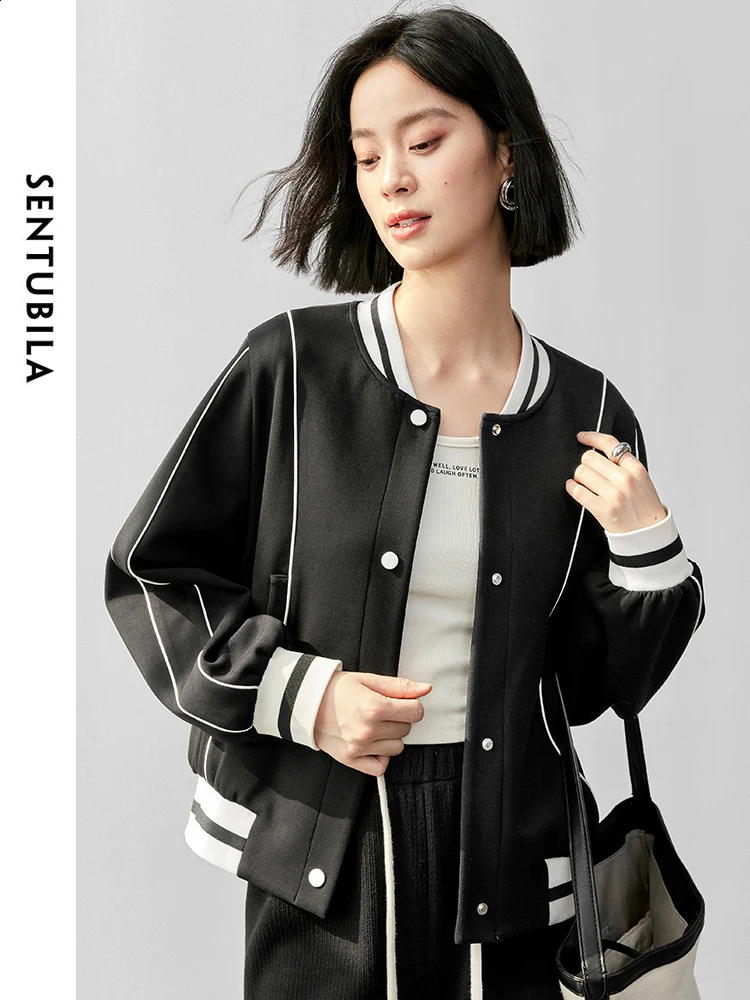 SENTUBILA Womens Sports Cotton Baseball Jacket Autumn Casual Loose Patch Work Sheet Corset 143W55948 250317