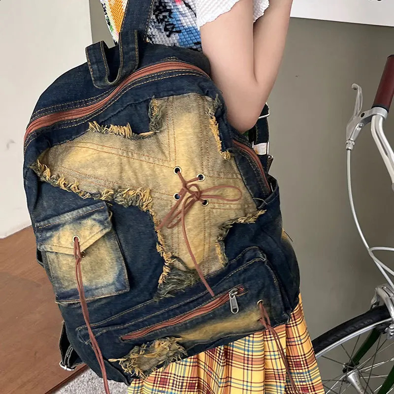 Washed Denim Womens backpack Large Capacity y2k Fashion er big Travel Bag Girls Daypack bagpack casual bag 250318