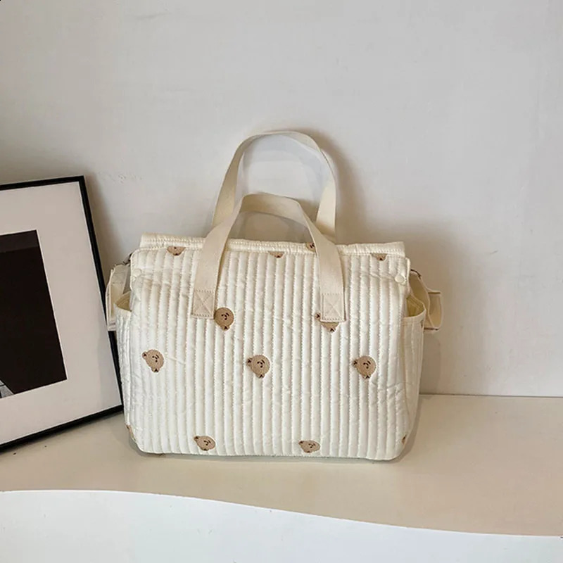 Korean Style Diaper Bag Large Capacity Portable Baby Stroller Bag Organizer Embroidery Bear Olive Mommy Maternity Bag 250319