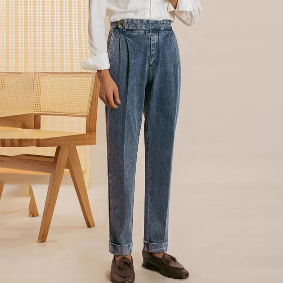Mens Autumn Naples High Waisted Washed Double Pleat Jeans England Straight Solid Soft Pants Slim Fit Draped n 2025 250311