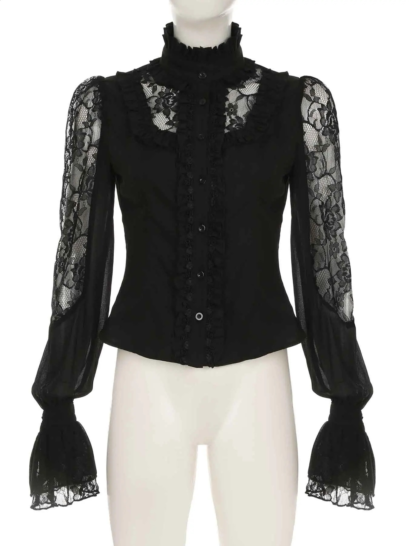IAMSURE retro dark patch work lace shirt Gothic See Through Turtleneck long sleeved womens springsummer streetwear 250318