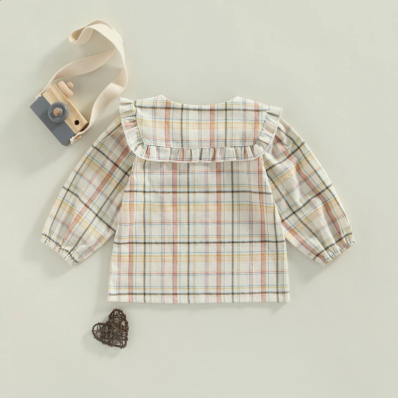 Cute Baby Girls Ruffle Sleeve Tops Plaid Solid Color Doll Collar Blouses Spring Autumn Fashion Casual Shirts for Toddlers 250319
