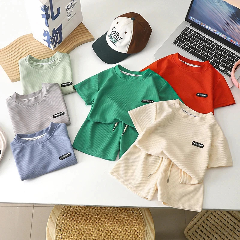 Childrens Clothing Set Fashion Boys Solid Color Summer Short Sleeve Suit Girls Casual T-shirt Shorts Suit 1 2 3 4 Years Old 250319