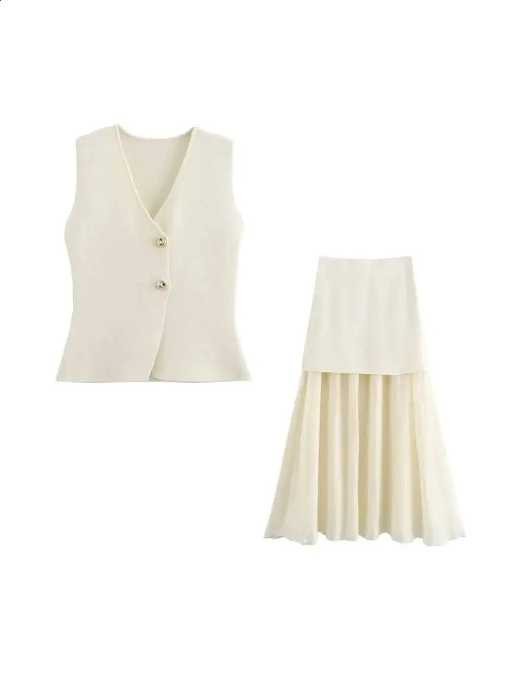 TRZA Women Fashion With Golden Buttons Knit Waistcoat And High Elastic Waist Pleated Midi Skirt Female Two Piece Sets Mujer 250318