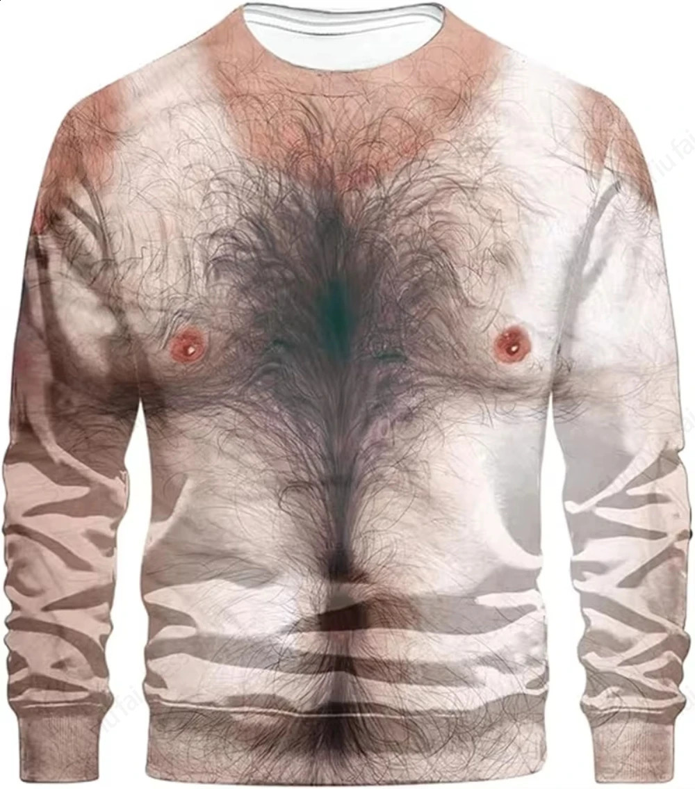 Crewneck long sleeved Tshirt 3D fun muscle body print ultrathin mens top ugly chest hair 250319
