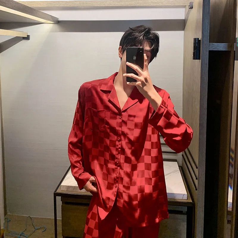 Fashion Pajamas Mens Spring and Autumn Long sleeved Pants Pajamas Youth Thin Ice Silk Summer Casual Set Pajamas 250317