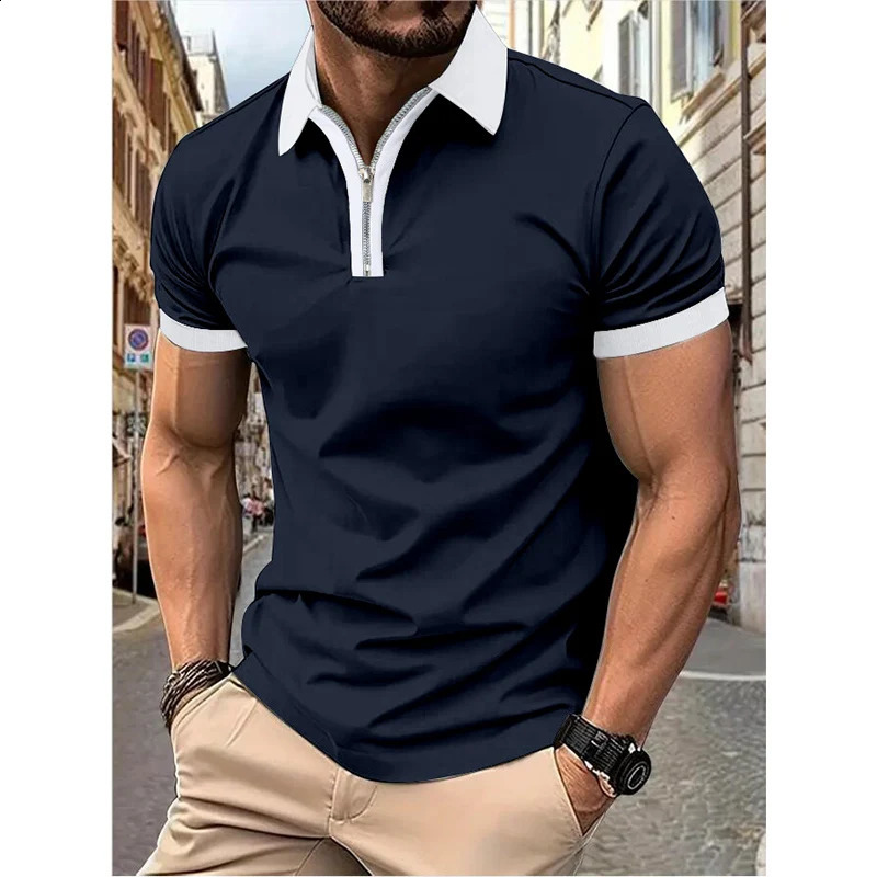 Mens Fashion Casual top Short Sleeve color with stylish zipper with mens lapel short sleeve top T-shirt Fashion short sleeve 250319