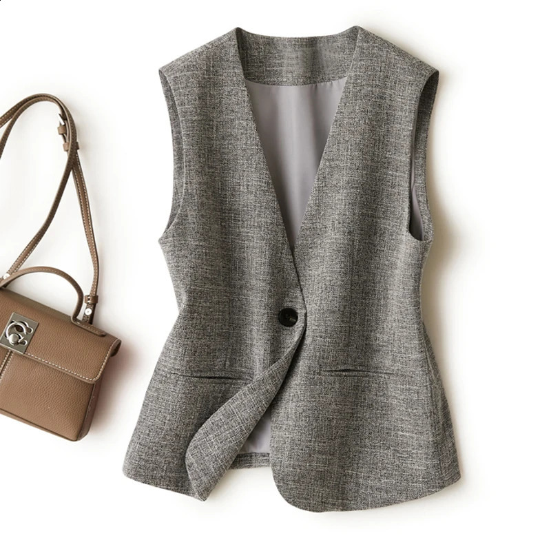 Grey Vneck short vest womens jacket for spring and autumn elegant generous in the workplace 250319