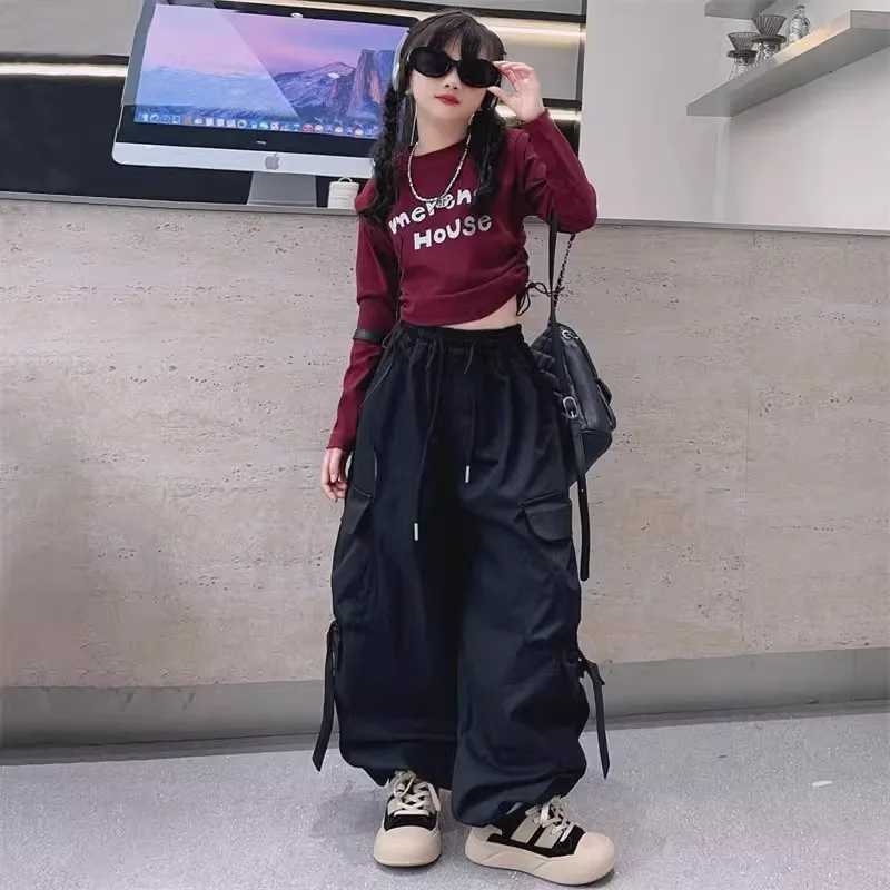 1 Summer Youth Song Set Hip Hop Dancer Girl Costume Bottom Loose Long Leg Cargo Pants Children 4 5 6 7 8 9 11 12T250318