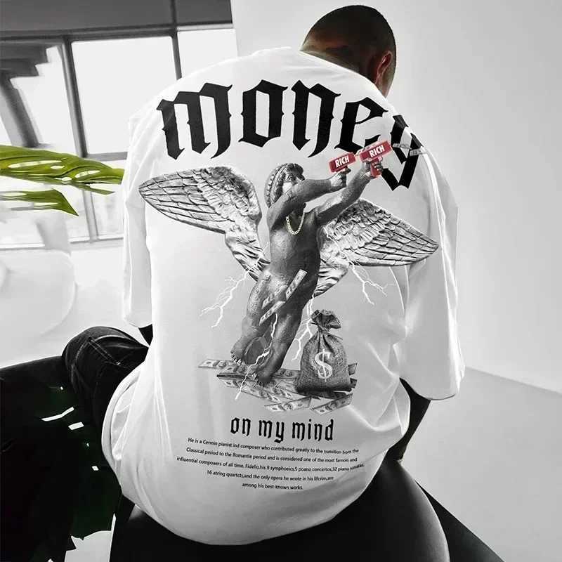 Money Angel Print mens T-shirt cotton hip-hop short sleeved O-neck T-shirt top summer fashion trend loose oversized streetwearT250318