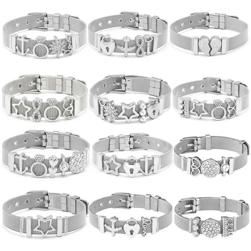 Fashion Adjustable Stainless Steel Mesh Bracelet Set Love Lock Charm Brand Bracelets Bangle For Woman Men Jewelry Gift