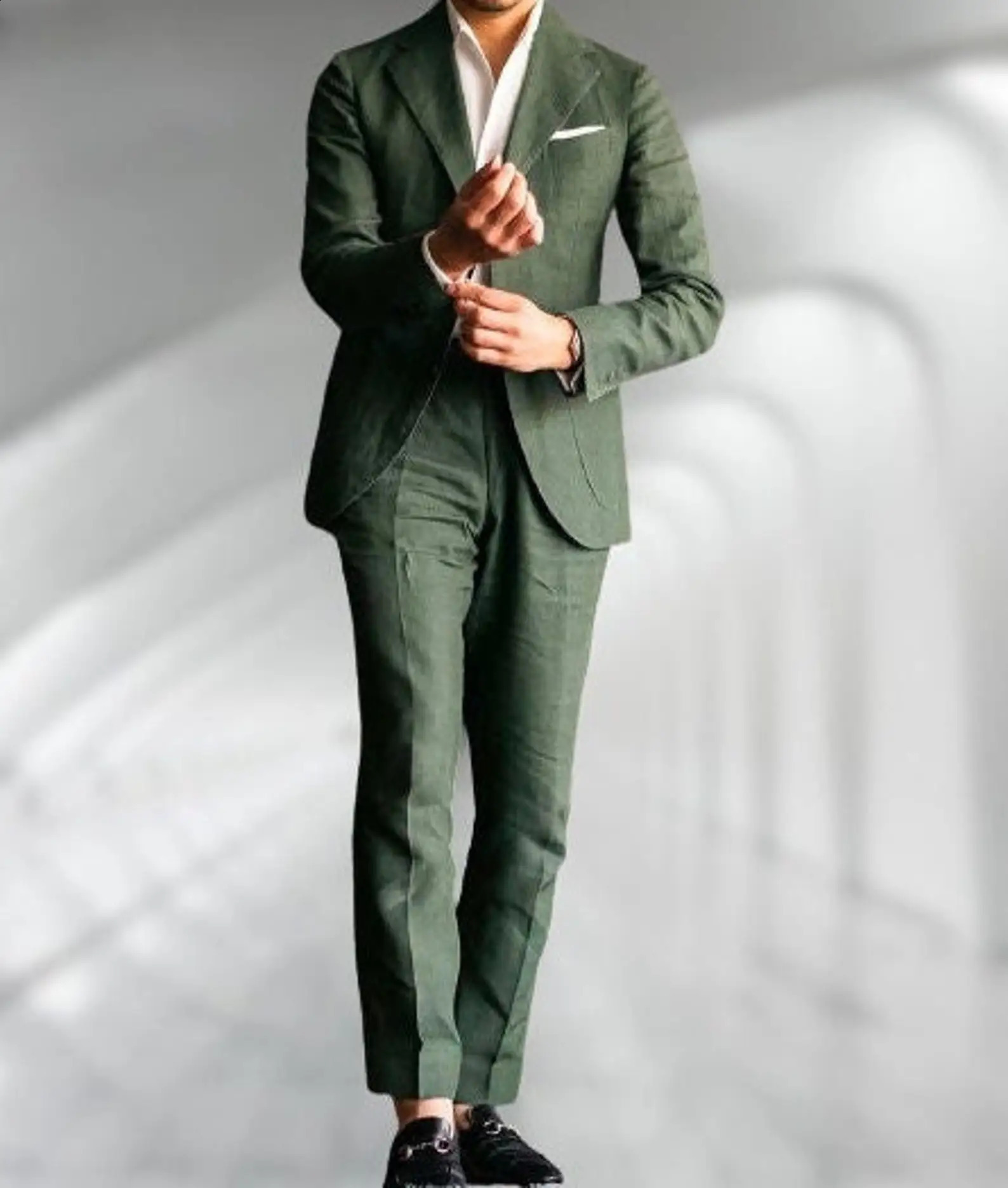 Green Linen Male Suits Wedding Tuxedo Business Fashion Blazer Sets Custom Made Two Pieces JacketPants Jacket 250311