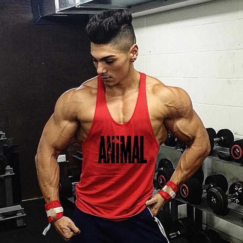 Animal letter printing gym clothing mens bodybuilding fitness vest top pure cotton racing stripe single sleeve sports shirtT250318