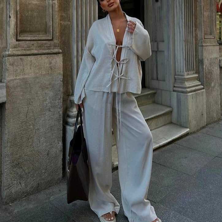 Fashionable and high-end lace up shirt and pants set for women summer new casual two-piece set 250315