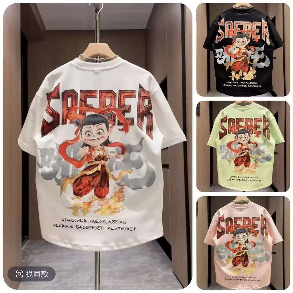 2025 Summer New Trendy Brand Nezha Printed Color Painting Rascal Handsome Casual Men's Short sleeved T-shirt Couple Top Primer