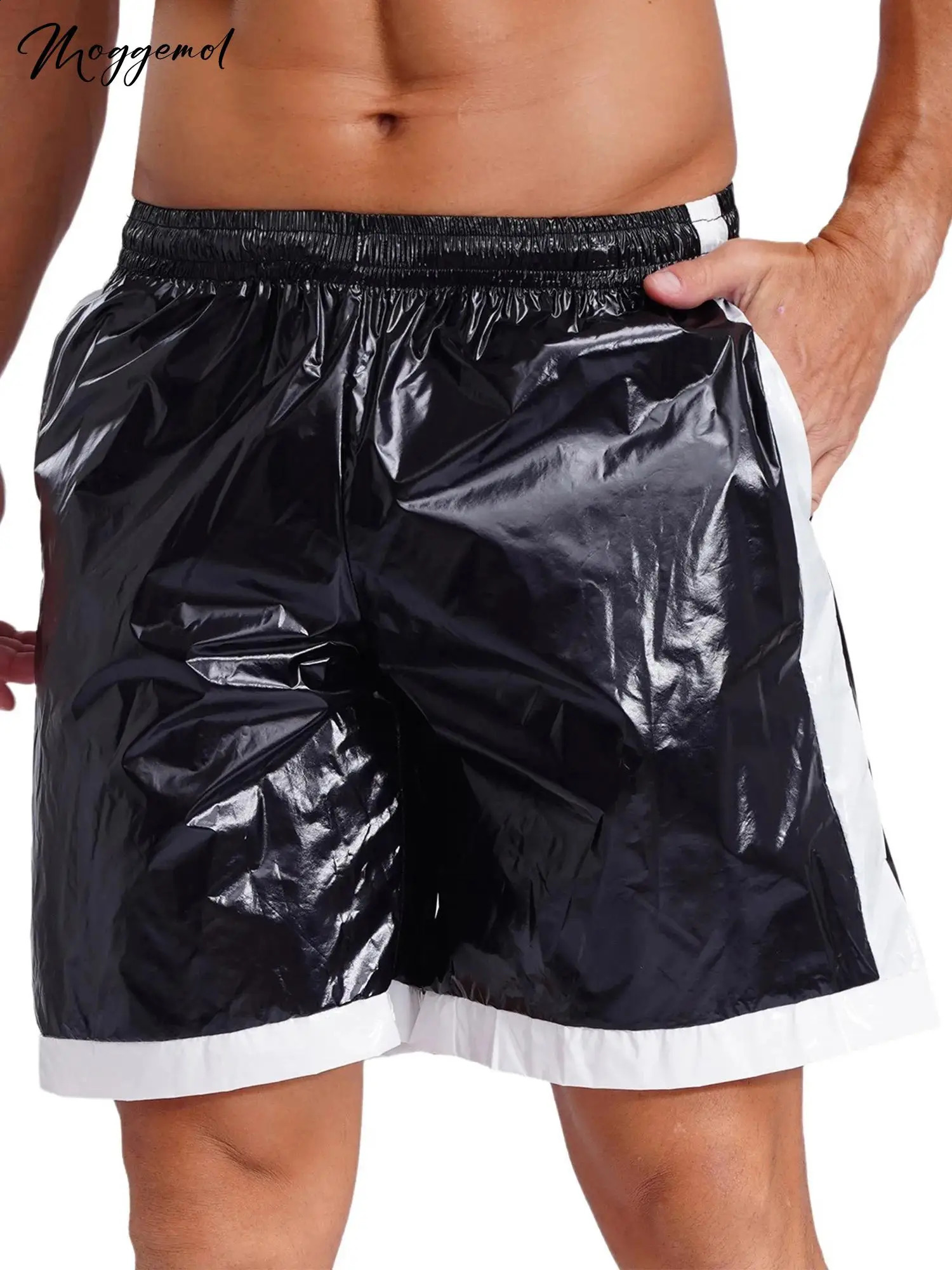 Mens Wet Look Boxer Shorts Drawstring Elastic Waist Pockets Waterproof Beach Shorts Swimming Trunks Loose Fit Short Pants Club 250317