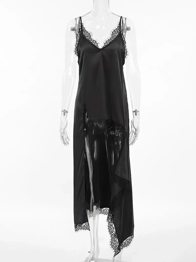 2025 Women Sexy V-neck Lace Patchwork Black Dress Y2K Streetwear Fashion Spaghetti Strap Irregular Split Solid Long Slip Dresses 250319