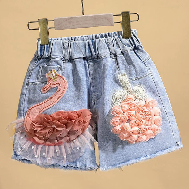 Baby Girls Summer Cotton Denim Shorts Pants Toddler Kids Cute Swan Flower Soft Jeans for Teenager Girls Children Clothing 250319