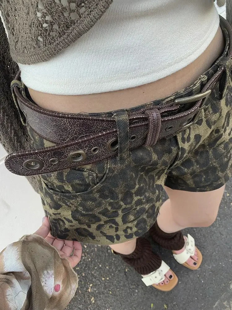 HOUZHOU Sexy Leopard Printed Denim Shorts Women Vintage Y2k Low Waist Gyaru Streetwear Summer Chic Female Retro Short Jeans 250319