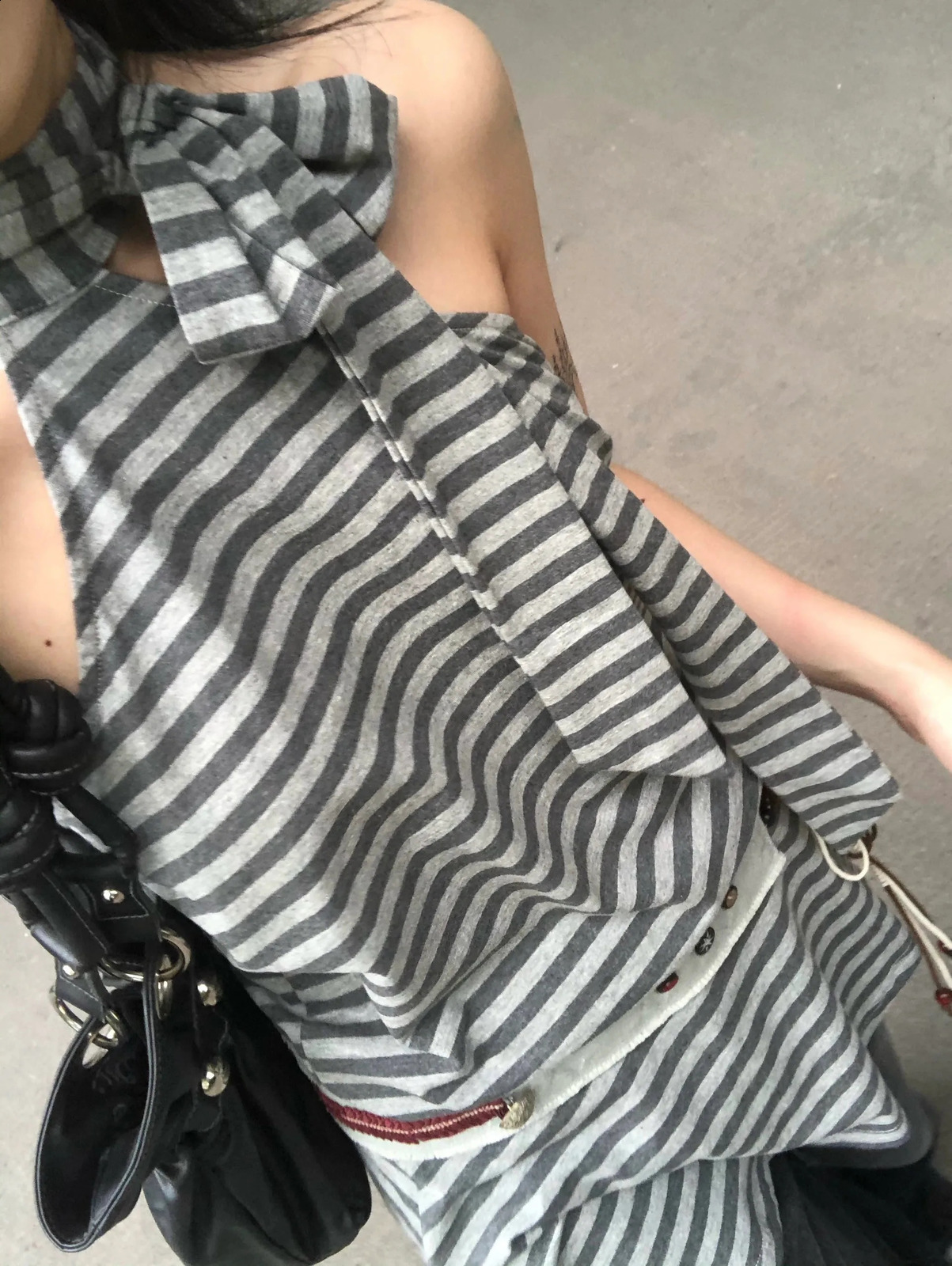 Karrram Y2k Aesthetics Halter Dress Japanese 2000s Style Grey Striped Short Dress Vintage Harajuku Backless Mini Dress Grunge 250319