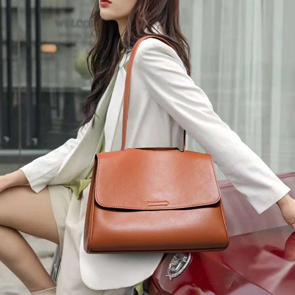 Retro Genuine Leather Women Casual Tote Quality Napa Cowhide Shoulder Handbag Female Office Pures Brown Bag 2021